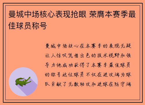 曼城中场核心表现抢眼 荣膺本赛季最佳球员称号