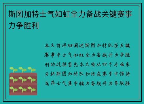 斯图加特士气如虹全力备战关键赛事力争胜利