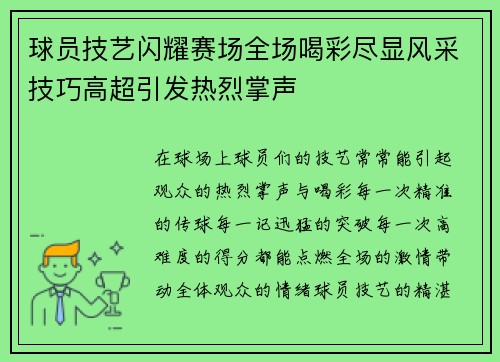 球员技艺闪耀赛场全场喝彩尽显风采技巧高超引发热烈掌声
